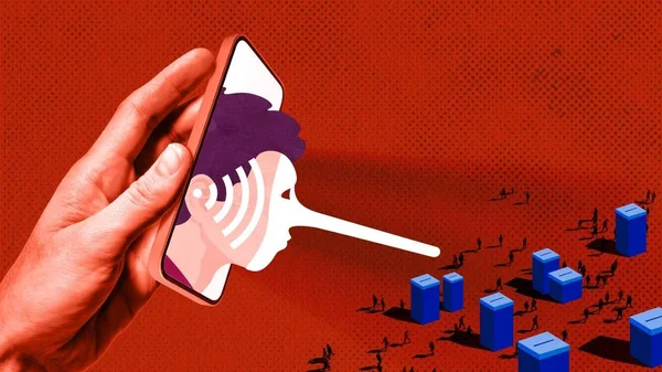 Une main tenant un smartphone montrant un visage caricatural devant des urnes électorales sur fond rouge.