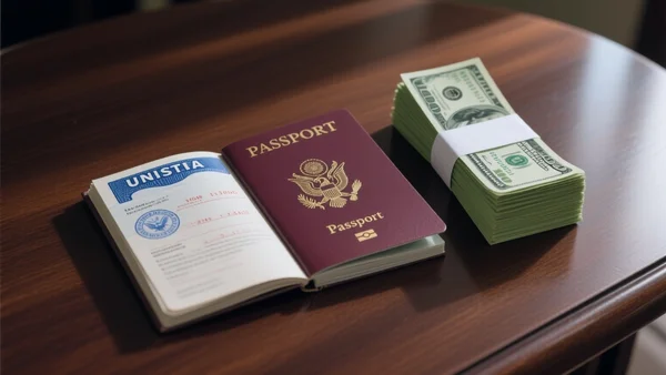 Passeport avec tampon visa américain posé sur une table, à côté d'une liasse de billets de dollars verts