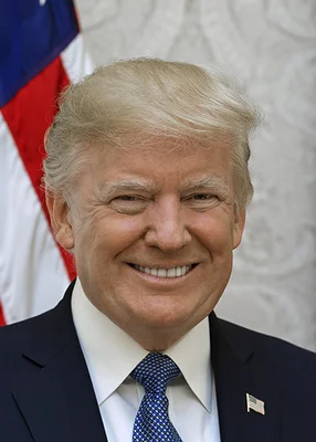 Portrait officiel d'une personne en costume sombre devant un drapeau américain sur fond décoré.