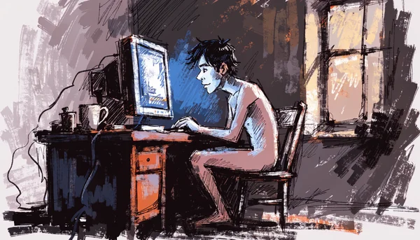 Homme seul penché sur un écran d'ordinateur dans une pièce sombre, visage éclairé par la lueur bleue de l'écran, expression absorbée et fatiguée