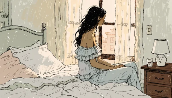 Femme seule assise sur son lit, regard pensif vers la fenêtre, lumière douce du soir, pyjama confortable