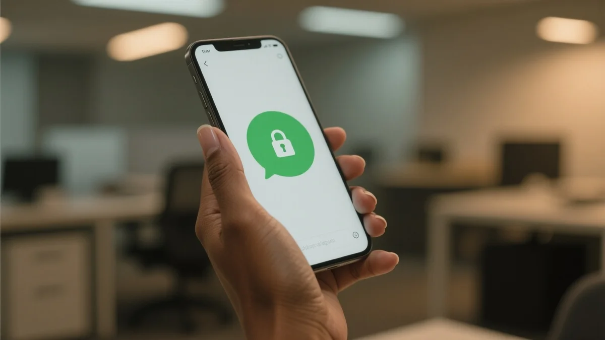 Gros plan sur un smartphone allumé tenant dans une main, l'écran affiche une application de messagerie avec une bulle de conversation et une icône de cadenas verrouillé symbolisant le chiffrement, fond flou de bureau