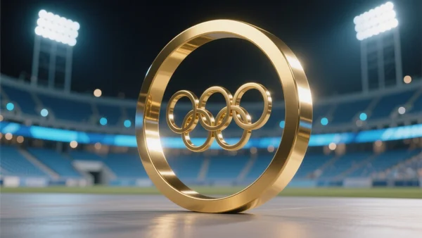 Grosse bague olympique en or sur fond flou de stade lumineux nocturne