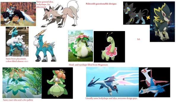 Un mème comparant les designs de créatures de Pokémon et Palworld.