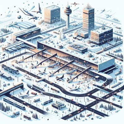 Illustration graphique d'un aéroport enneigé avec plusieurs terminaux