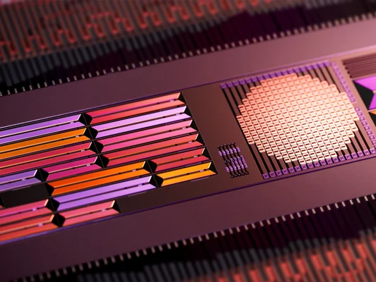 Rendu graphique d'une puce électronique Taara avec des motifs colorés vifs sur fond sombre.