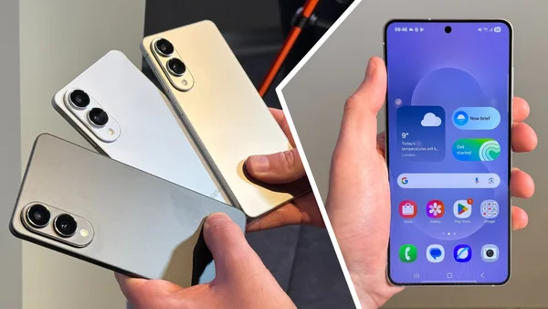 Trois exemplaires du Galaxy S25 Edge dans les finitions argent, or et gris tenus en main.