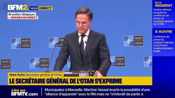 Capture d'écran BFM2 montrant le Secrétaire général de l'OTAN s'exprimant depuis Bruxelles