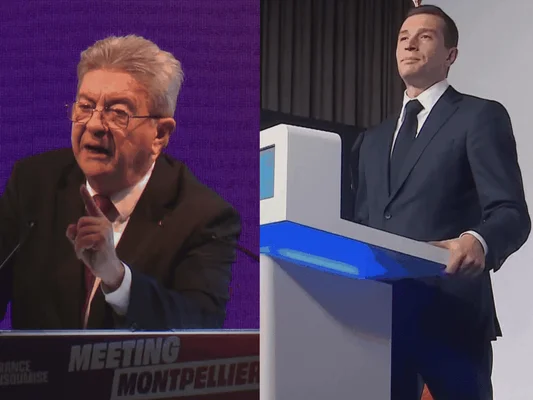 Deux orateurs lors d'un meeting à Montpellier, l'un avec lunettes et cheveux gris, l'autre aux cheveux courts