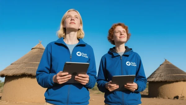 Vue en contre-plongée d'un groupe de volontaires portant des vestes bleues arborant un logo Tech Corps, debout dans un village rural d'Afrique avec des cases en terre derrière eux, tenant des tablettes numériques à la main
