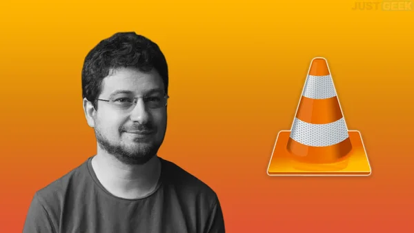 Une image graphique associant le logo cône orange de VLC au portrait du fondateur.
