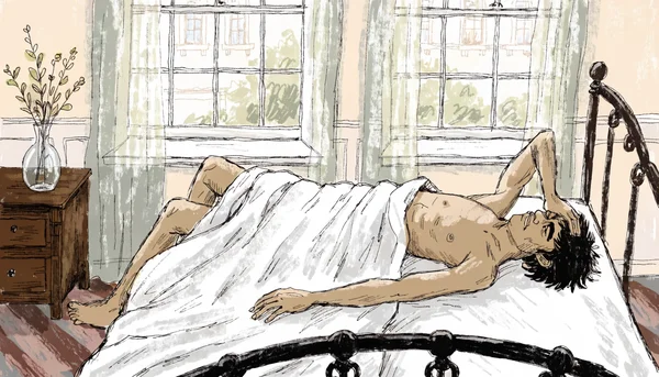 Homme nu allongé sur le dos sur un lit, le regard inquiet vers le plafond, main sur le front, lumière du matin