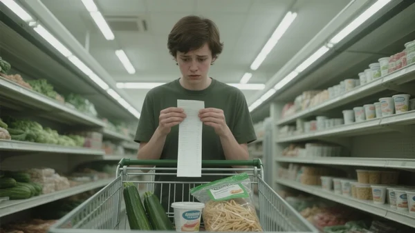 Jeune adulte devant un caddie de supermarché rempli de quelques légumes, pâtes et yaourts, regardant le ticket de caisse avec inquiétude, lumière froide de rayon de supermarché