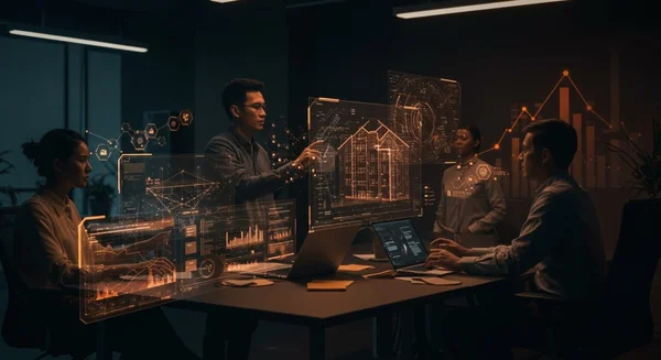 Professionnels utilisant des interfaces holographiques pour visualiser des données de construction.