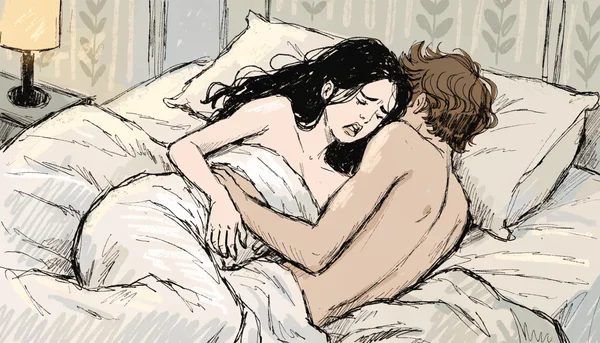 Femme en étreinte sexuelle avec son partenaire, visage crispé par la douleur, main posée sur son bas-ventre, chambre à coucher tamisée