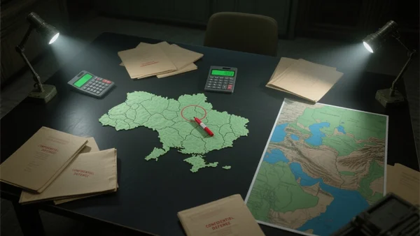 Vue en plongée d'une table de guerre sombre avec des cartes topographiques de l'Ukraine et du Moyen-Orient éclairées par des lampes tactiques, des calculatrices et des dossiers classés confidentiel défense
