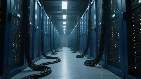 Salle de serveurs immense avec des baies verticales bleues, lumières clignotantes et câbles, perspective en contre-plongée vers le plafond