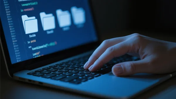 Vue rapprochée d'une main tapant sur un clavier d'ordinateur portable dans une pièce sombre, éclairage bleu venant de l'écran montrant des lignes de code floues et des dossiers classés confidentiels