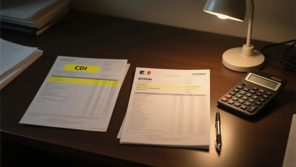 Deux fiches de paie françaises côte à côte sur un bureau, l'une marquée CDI avec un surligneur jaune sur le montant net, l'autre marquée INTÉRIM avec les lignes IFM et ICCP mises en évidence, calculatrice posée à côté, éclairage de bureau