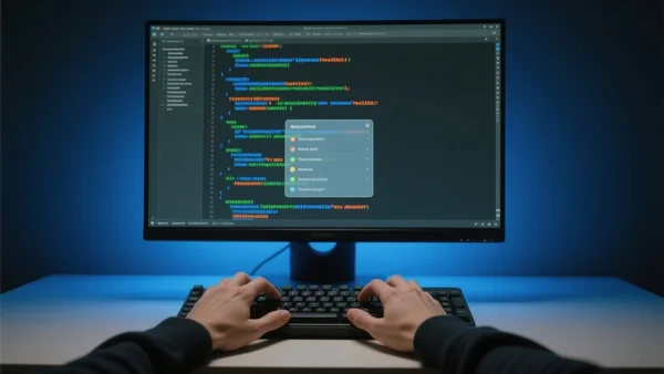 Écran d'ordinateur affichant un éditeur de code avec des lignes de code colorées et des suggestions de complétion en surbrillance, mains d'un développeur sur le clavier en bas de cadre, lumière bleutée de l'écran dans une pièce sombre