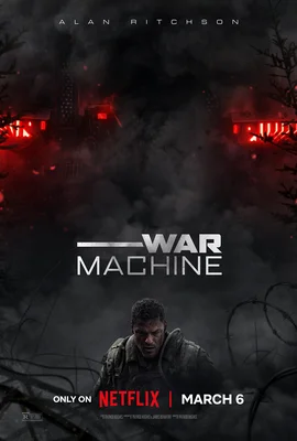 Affiche promotionnelle du film War Machine avec Alan Ritchson, fond sombre et fumé.