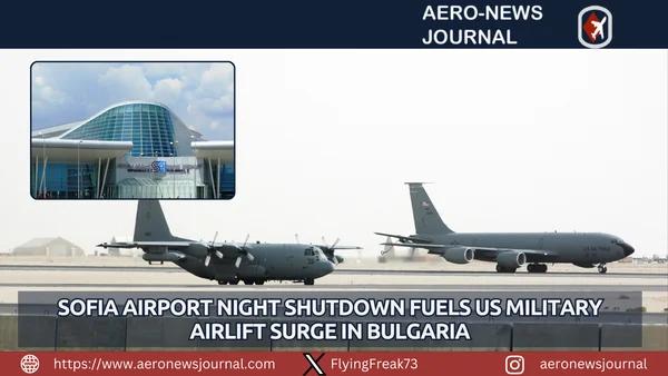 Un C-130 et un KC-135 sur le tarmac avec une vignette du terminal de l'aéroport de Sofia