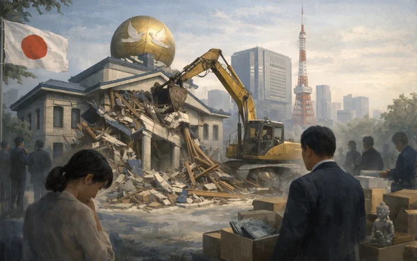 Une peinture représentant une pelleteuse démolissant un bâtiment surmonté d'un globe, avec la tour Tokyo en arrière-plan.
