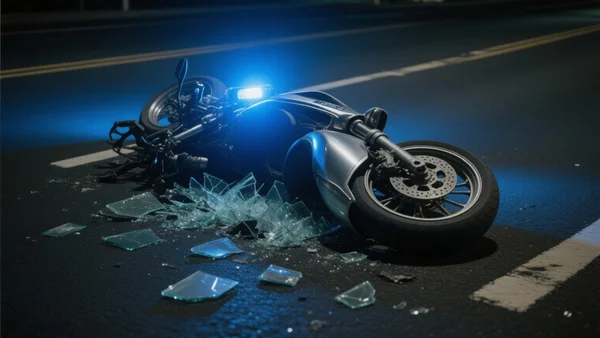 Vue en plongée d'un scooter couché sur le bitume avec des débris dispersés autour, éclairage bleu d'une sirène de police voisinant, nuit noire, atmosphère tendue