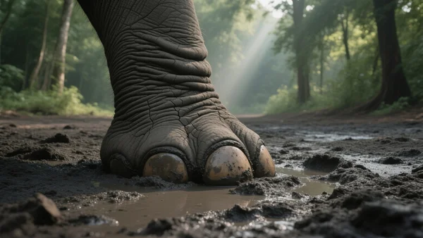 Gros plan d'une patte d'éléphant dans la boue avec des empreintes de pas visibles, lumière naturelle traversant une forêt dense.