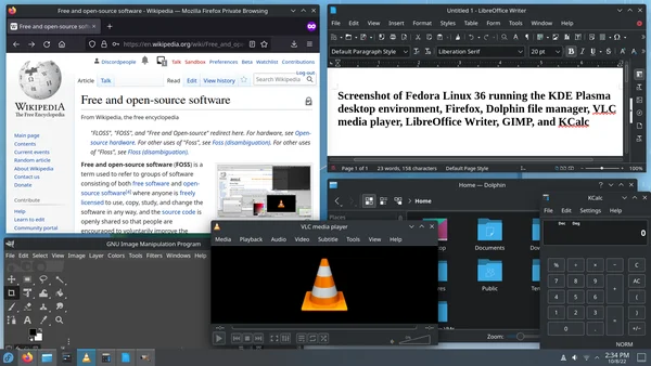 Capture d'écran Fedora Linux exécutant VLC et d'autres logiciels libres.