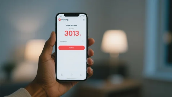 Main tenant un smartphone avec un solde bancaire négatif affiché en rouge sur l'écran, fond flou d'un intérieur en soirée
