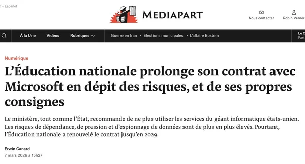 Capture d'écran de l'article Mediapart sur le renouvellement du contrat Microsoft.