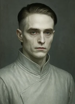 Robert Pattinson au teint pâle et aux marques faciales subtiles, portant une tenue grise.