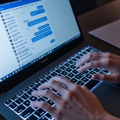 Plan serré sur deux mains tapant frénétiquement sur un clavier d'ordinateur portable, écran affichant une interface de messagerie, lumière bleue intense, ambiance de bureau nocturne concentré