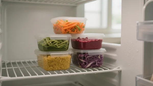 Cinq boîtes en plastique transparent empilées dans un frigo ouvert, contenant chacune une préparation colorée différente, éclairage naturel de cuisine