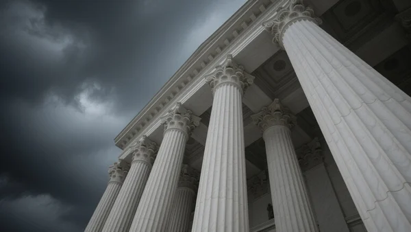 Gros plan sur les colonnes majestueuses du bâtiment de la Cour suprême des États-Unis sous un ciel lourd et sombre, architecture néoclassique massive