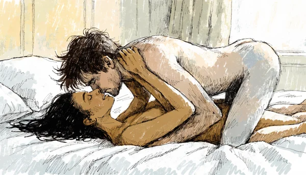 Pénétration vaginale en position missionnaire, femme sur le dos et homme au-dessus, visage de l'homme caché dans le cou de la partenaire