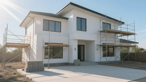 Façade moderne d'une maison individuelle neuve en construction avec des échafaudages, luminosité naturelle du matin