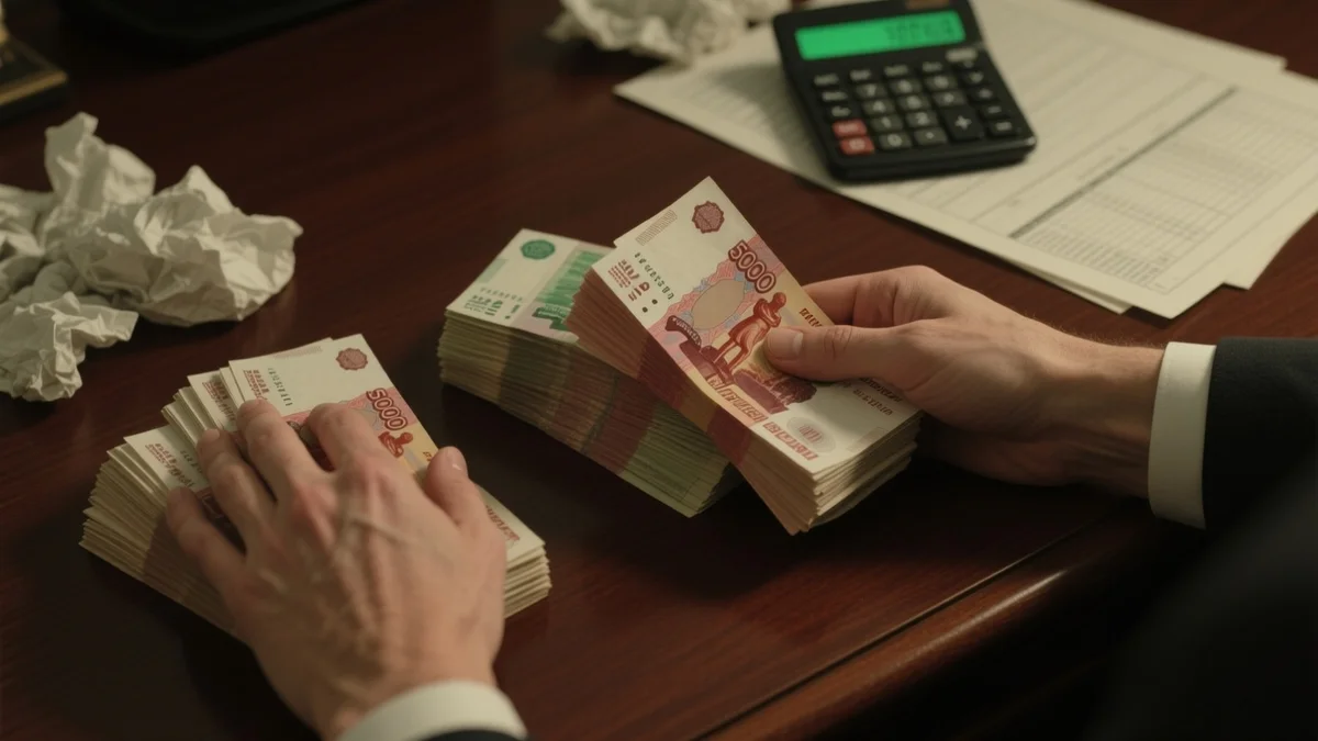 Vue en gros plan de mains comptant des liasses de billets de roubles russes sur un bureau sombre, avec une calculatrice et des documents financiers éparpillés