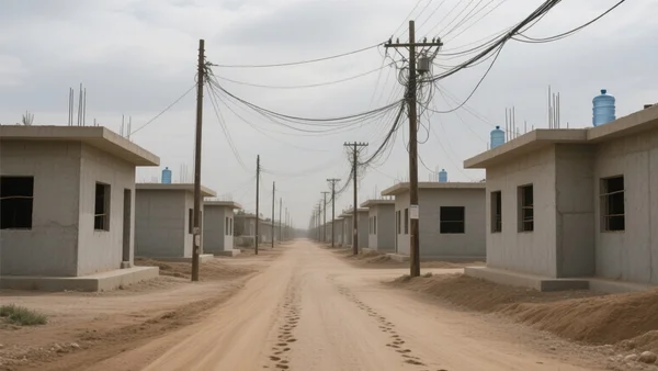 Vue d'une rue en terre battue dans un camp de réfugiés en Cisjordanie, bâtiments en béton gris, pylônes électriques et fils téléphoniques enchevêtrés sous un ciel couvert