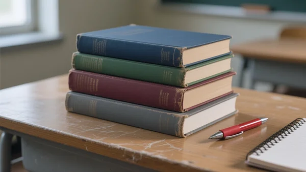 Vue en gros plan d'une pile de manuels scolaires sur un bureau d'enseignant, lumière naturelle venant d'une fenêtre, atmosphère studieuse