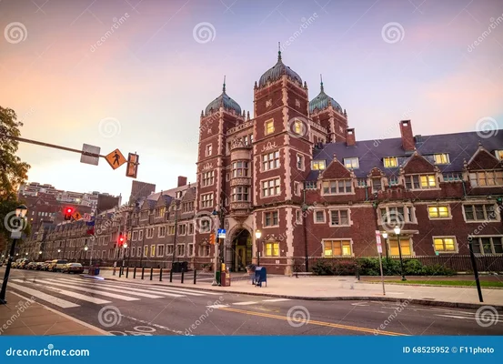 Un bâtiment historique à trois tours domées de l'Université de Pennsylvanie vu au crépuscule depuis la rue.