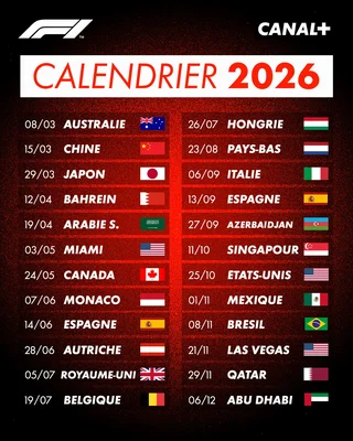 Calendrier officiel de la saison F1 2026 avec les 24 courses et partenariat Canal+.