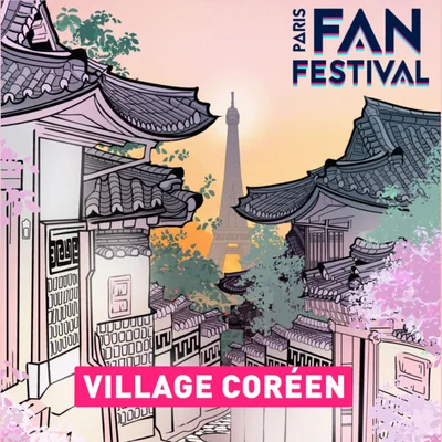 Illustration du Village Coréen au Paris Fan Festival avec architecture traditionnelle et cerisiers