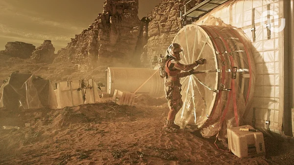 Astronaute sur un paysage martien, évoquant les applications spatiales du champignon de Tchernobyl.