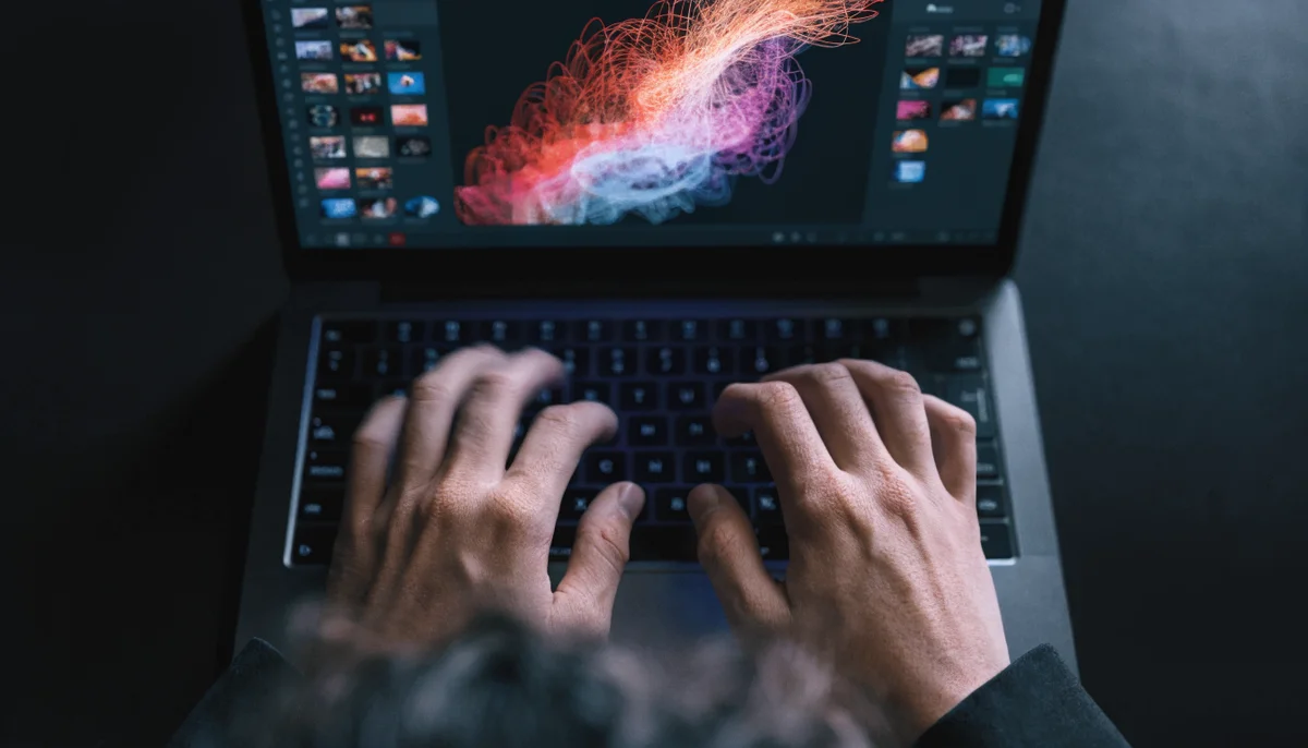 Doigts d'une personne tapant rapidement sur un clavier d'ordinateur portable, l'écran affiche une interface lumineuse de génération d'images, flou de mouvement sur les mains pour suggérer la vitesse et la créativité instantanée