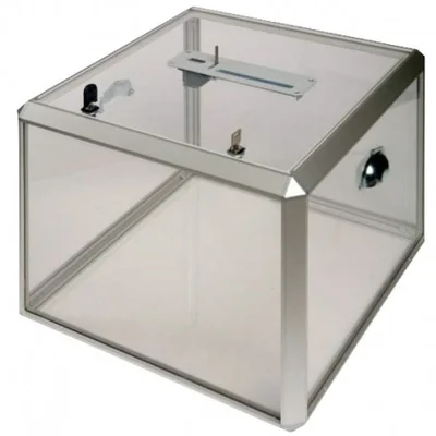 Une urne de vote transparente équipée d'un cadre métallique et d'un système de serrure.