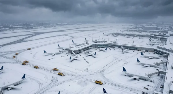 Vue plongeante d'un aéroport enneigé avec des avions au parking