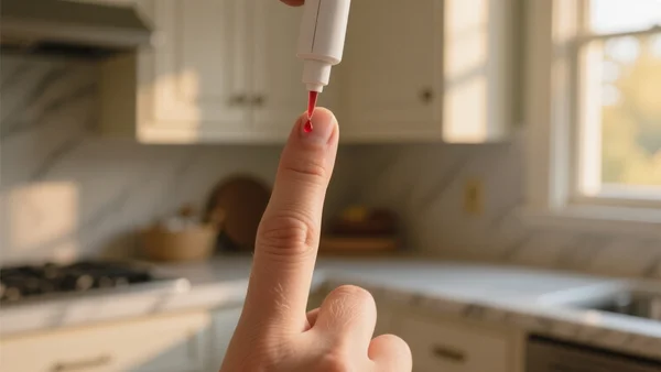 Vue en contre-plongée d'un doigt piqué par un dispositif de lecture de glycémie, une petite goutte de sang rouge sur la peau, arrière-plan flou d'une cuisine ensoleillée
