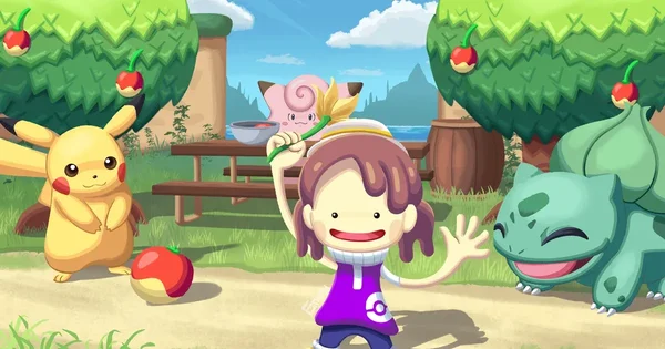 Personnage aux cheveux rouges et Carapuce debout sur un chemin verdoyant au milieu de fleurs.